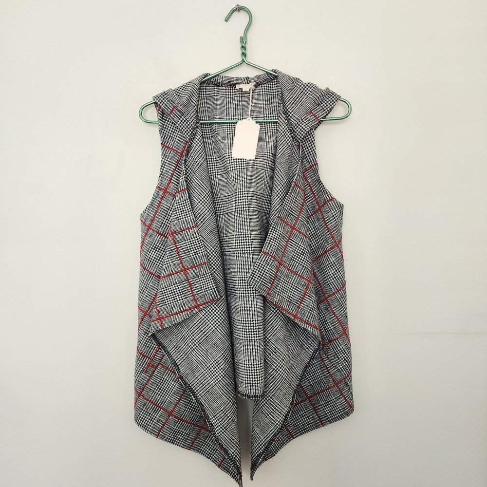Hem & Thread Hooded Plaid Vest Black White Red Windowpane Open Front Small NEW